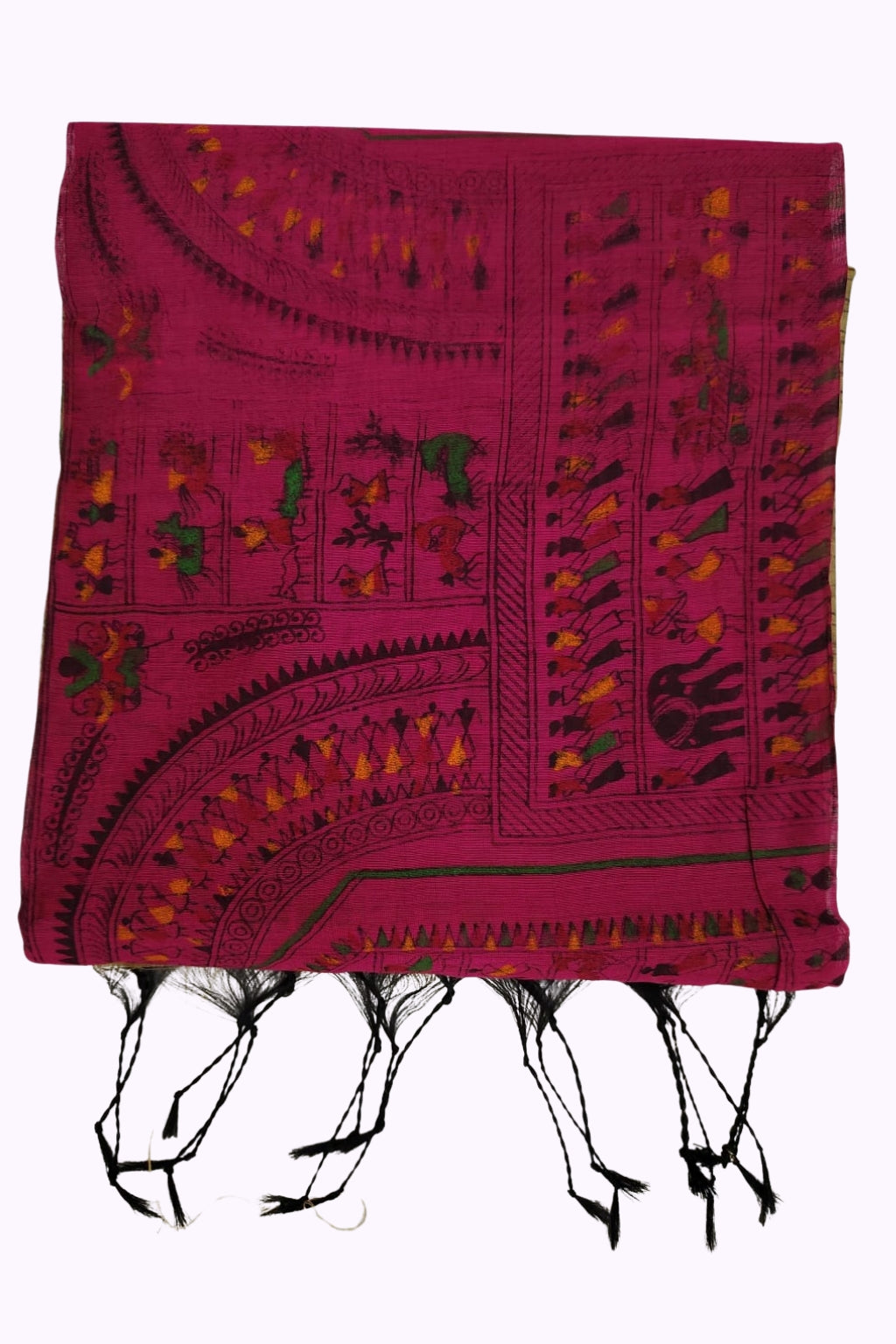 Rani Pink Warli Tribal Art Printed Cotton Saree with Folk Motif Border