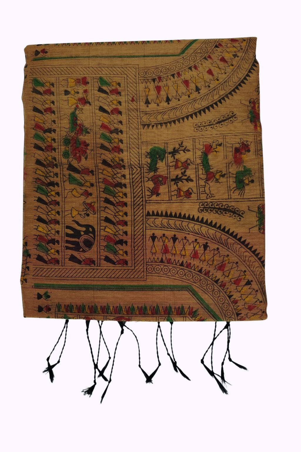 Mustard Brown Warli Tribal Art Printed Cotton Saree with Traditional Folk Border