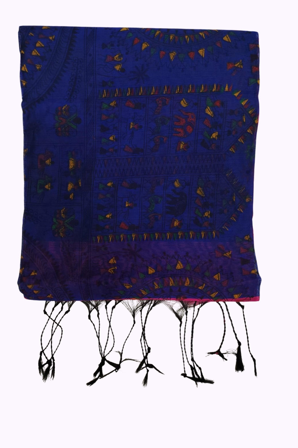 Royal Blue Warli Tribal Art Printed Cotton Saree with Multicolor Folk Motifs