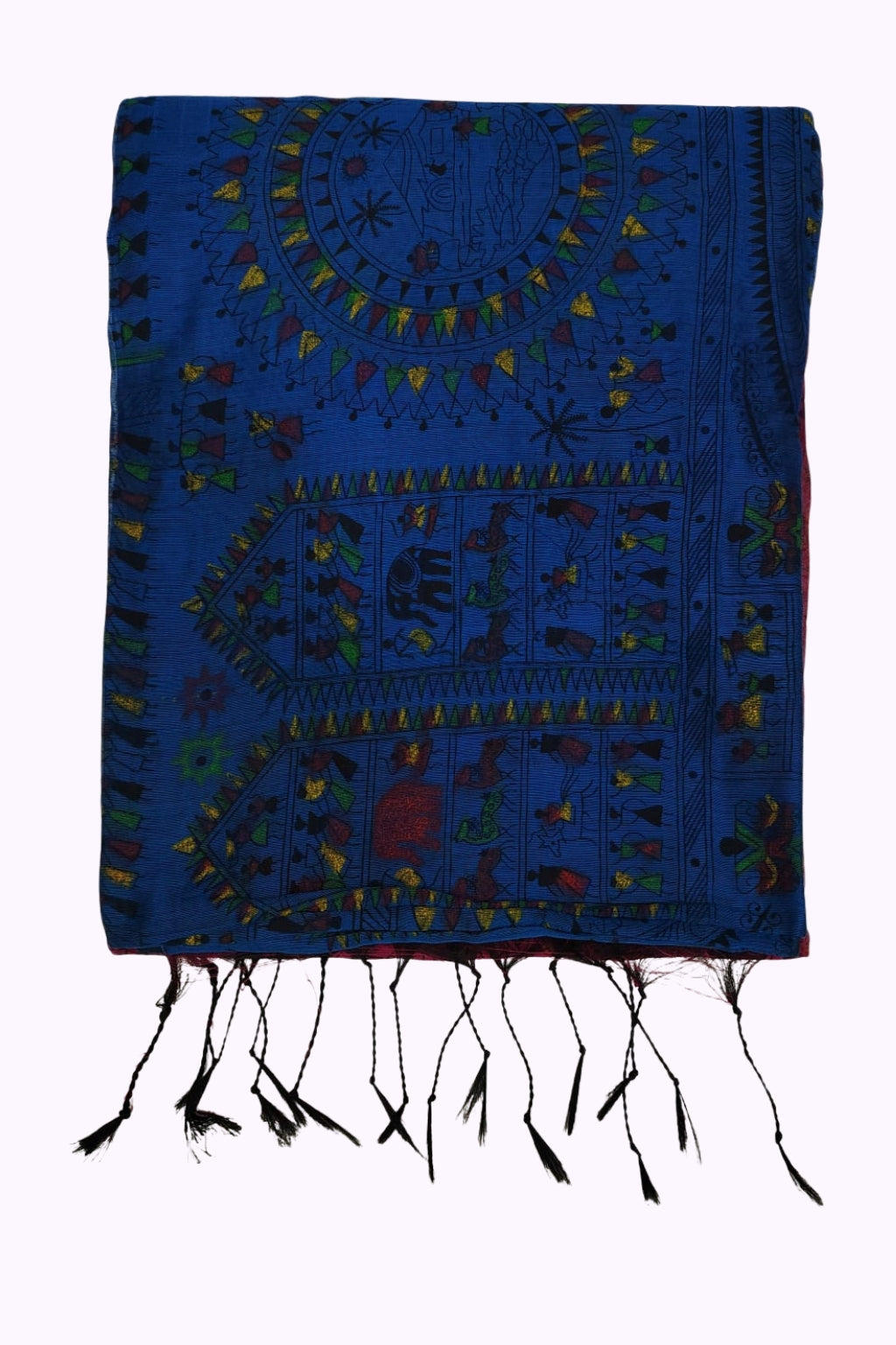 Indigo Blue Warli Folk Art Printed Cotton Saree with Multicolor Tribal Motifs