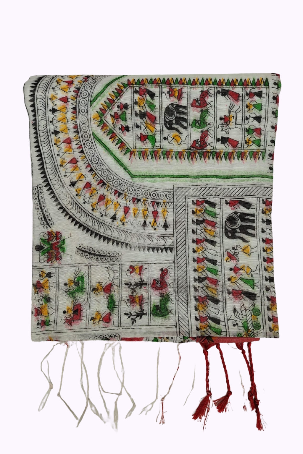 White Warli Folk Art Printed Cotton Saree with Multicolor Tribal Motifs & Red Tassels