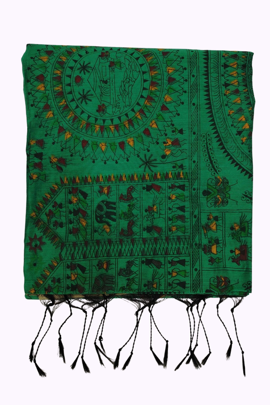 Emerald Green Warli Tribal Art Printed Cotton Saree with Black Tassels