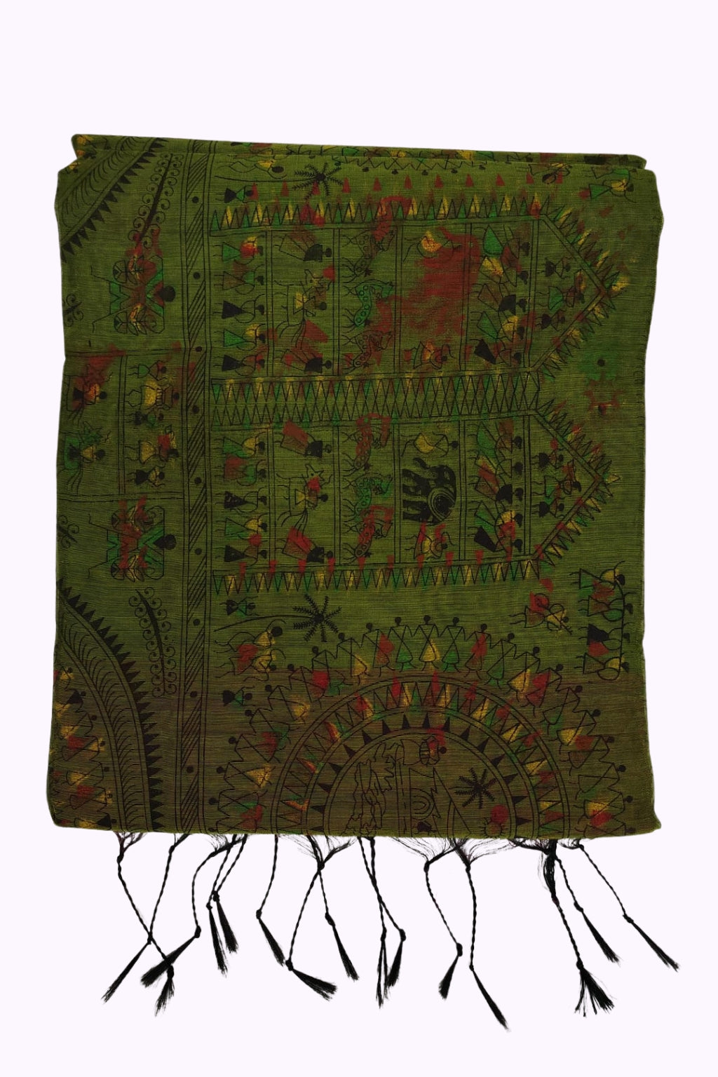 Olive Green Warli Tribal Art Printed Cotton Saree with Black Tassels