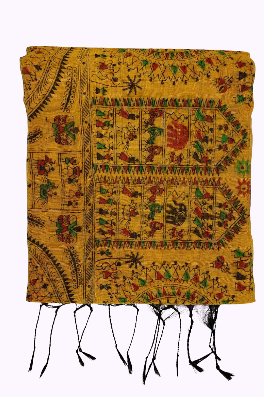 Mustard Yellow Warli Tribal Art Printed Cotton Saree with Black Tassels