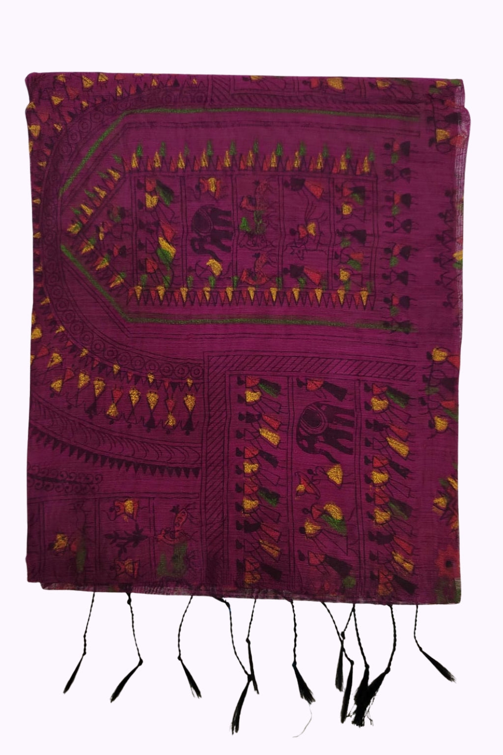 Deep Magenta Warli Tribal Art Printed Cotton Saree with Black Tassels
