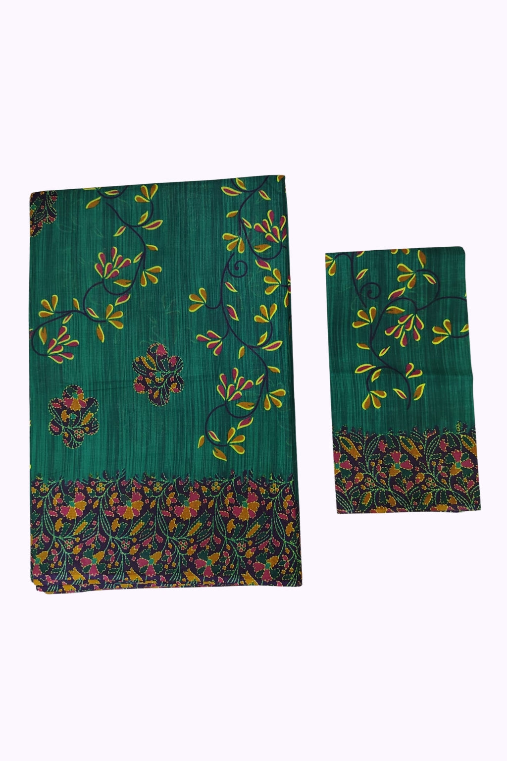 Emerald Green Floral Printed Cotton Saree with Matching Blouse Piece
