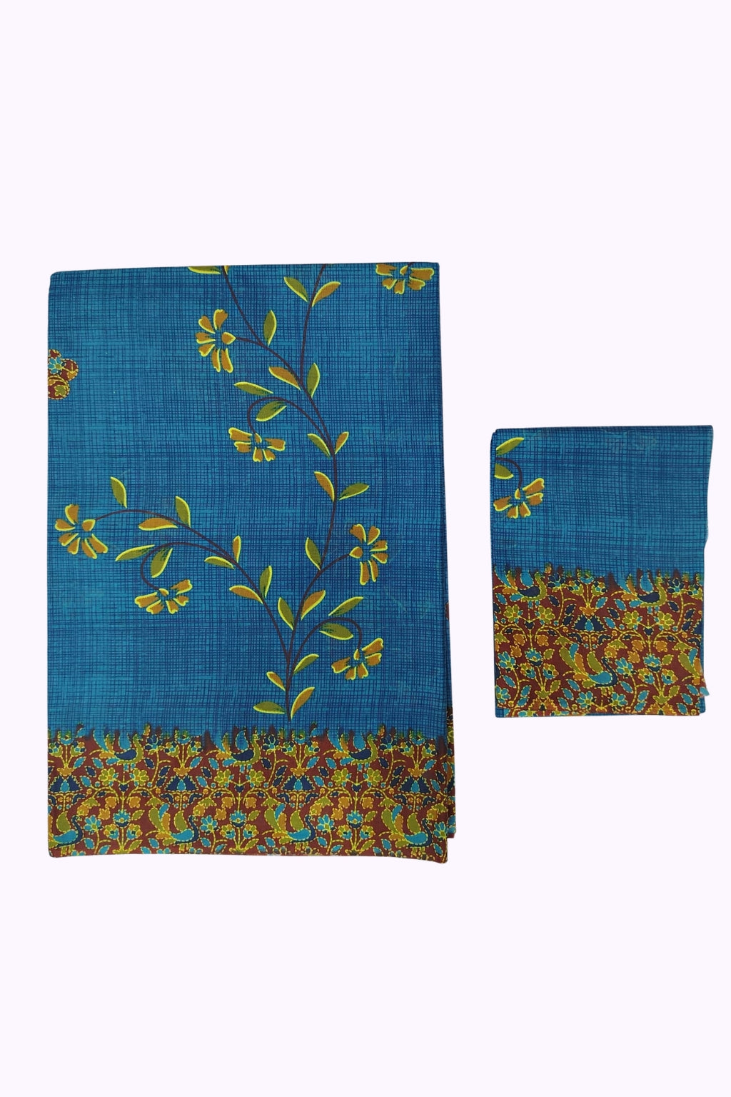 Teal Blue Floral Printed Cotton Saree with Designer Border & Blouse Piece