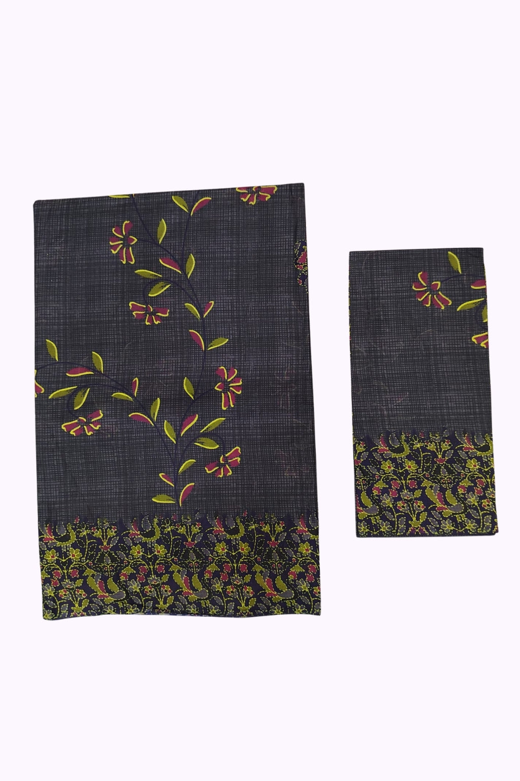 Charcoal Black Floral Printed Cotton Saree with Contrast Designer Border & Blouse Piece