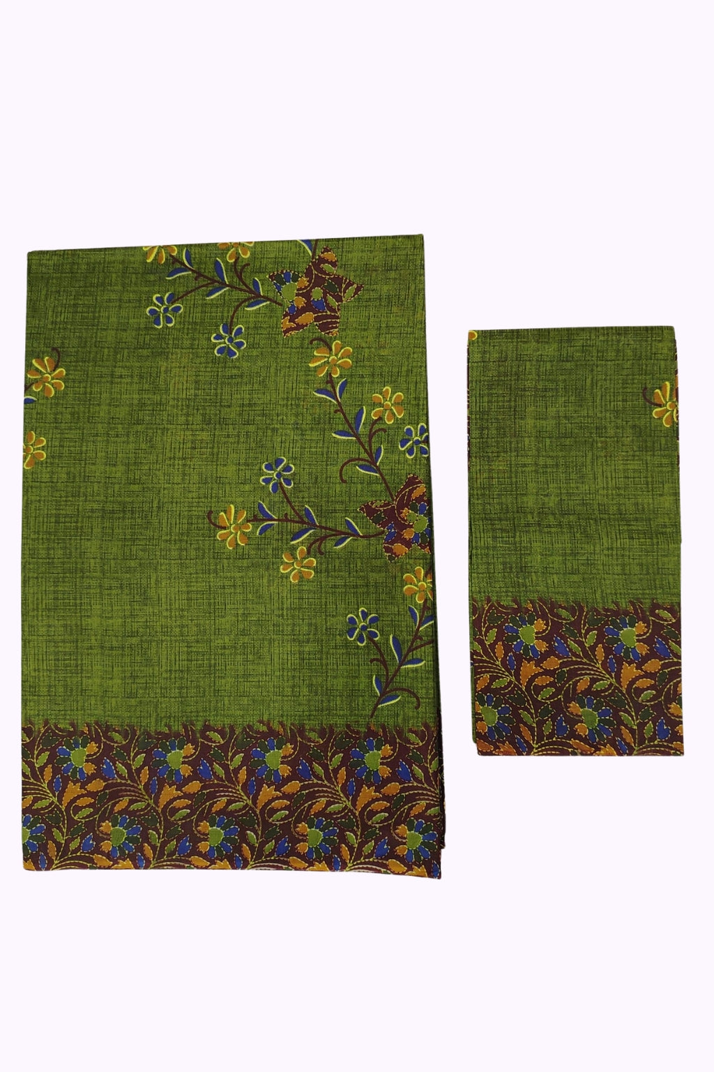 Olive Green Floral Printed Cotton Saree with Contrast Maroon Designer Border & Blouse Piece
