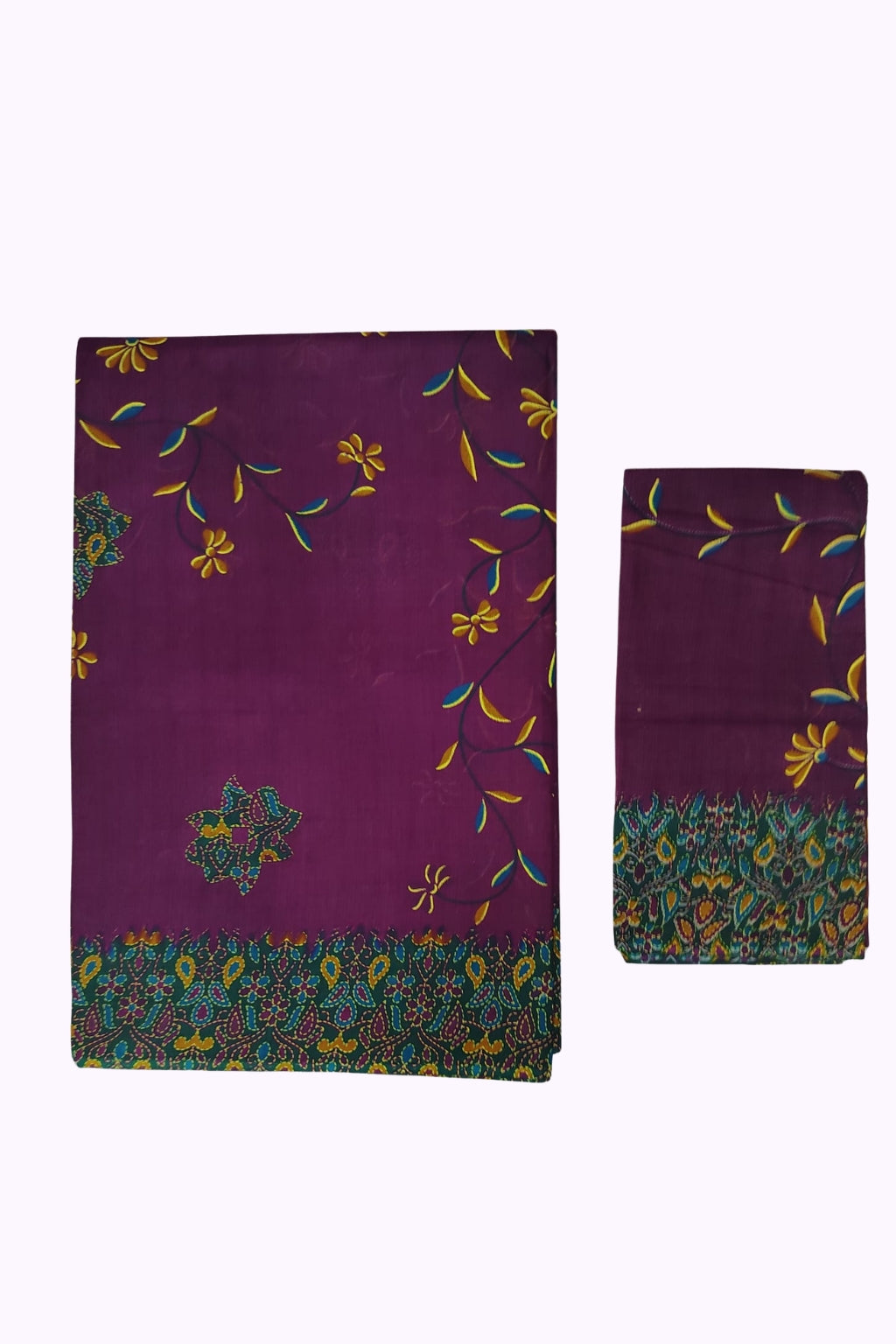 Royal Plum Floral Printed Cotton Saree with Designer Paisley Border & Blouse Piece