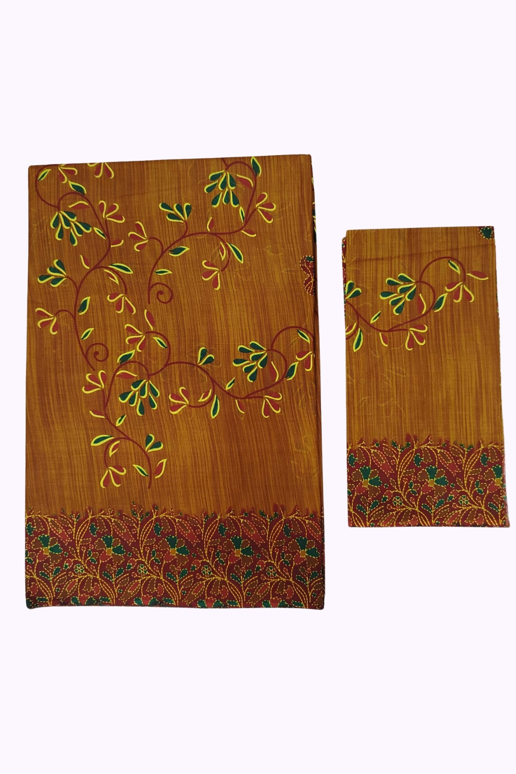 Golden Mustard Floral Printed Cotton Saree with Contrast Designer Border & Blouse Piece