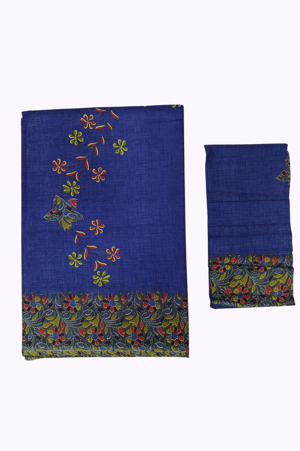 Royal Blue Floral Printed Cotton Saree with Contrast Designer Border & Blouse Piece