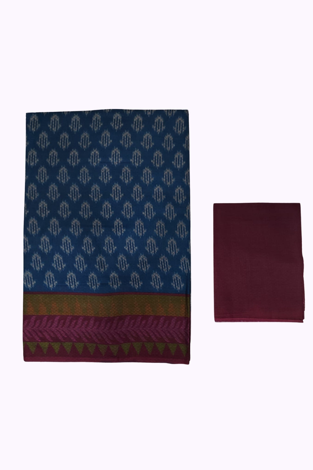 Deep Blue Ikat Printed Cotton Saree with Maroon Contrast Border & Blouse Piece