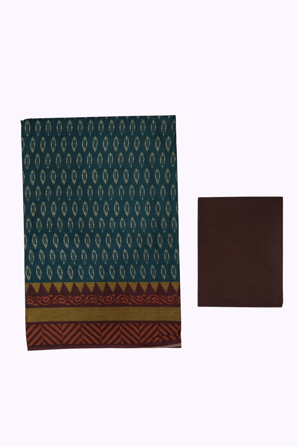 Teal Ikat Print Cotton Saree with Maroon Designer Border & Blouse Piece