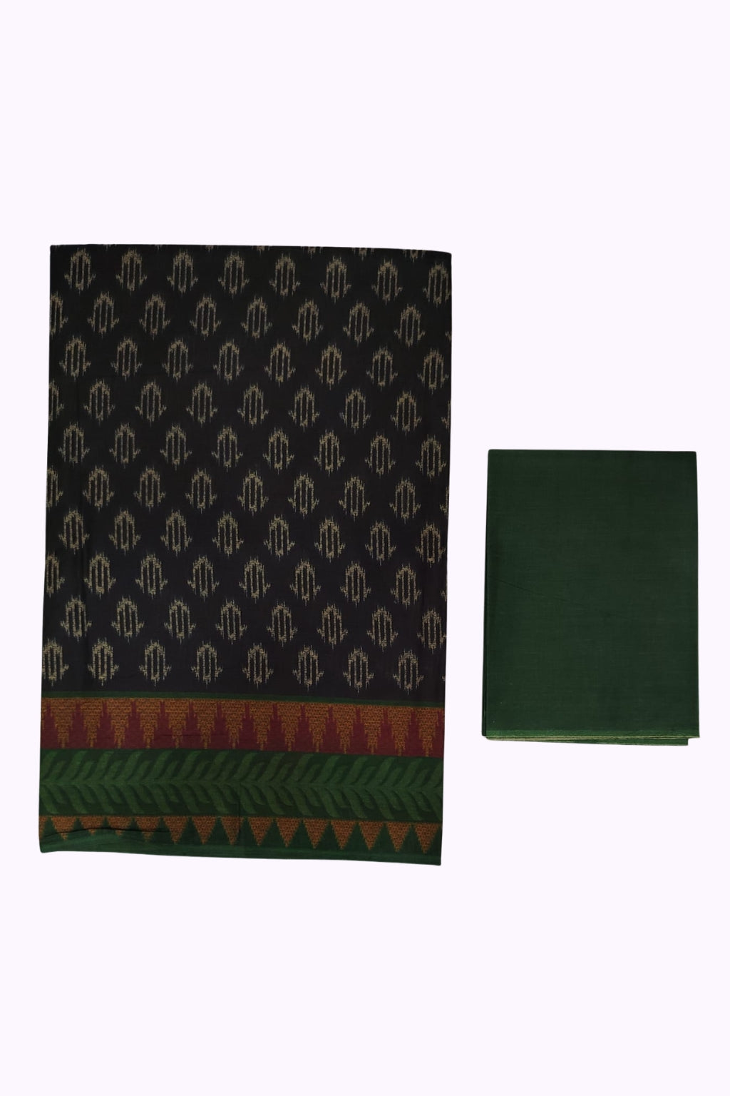 Black Ikat Print Cotton Saree with Green Contrast Border and Blouse Piece