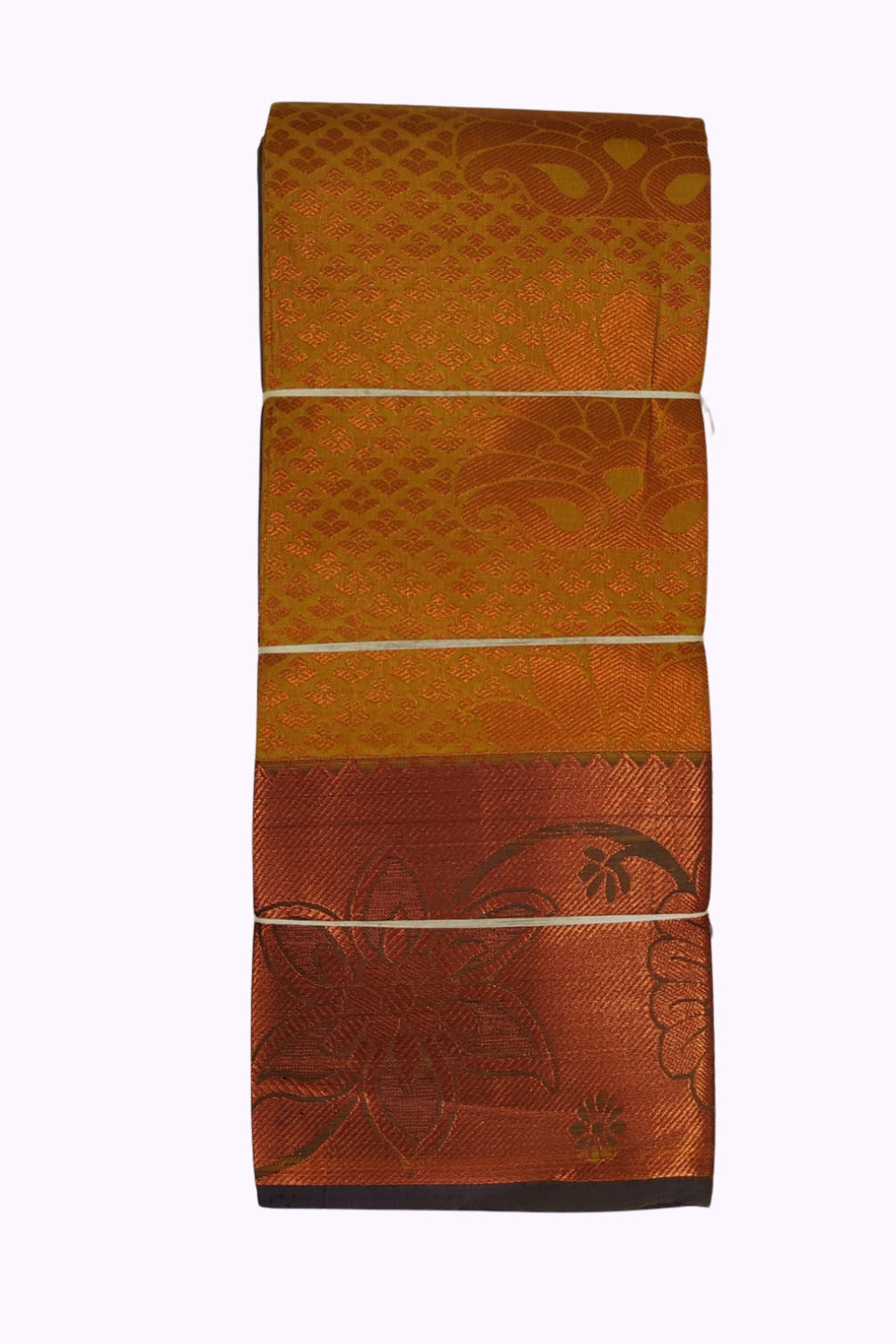 Mustard Gold Silk Saree with Rich Copper Zari Floral Border