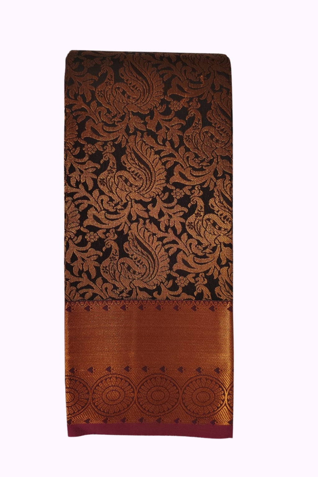 Elegant Black Silk Saree with Rich Copper Zari Floral Weave & Grand Border