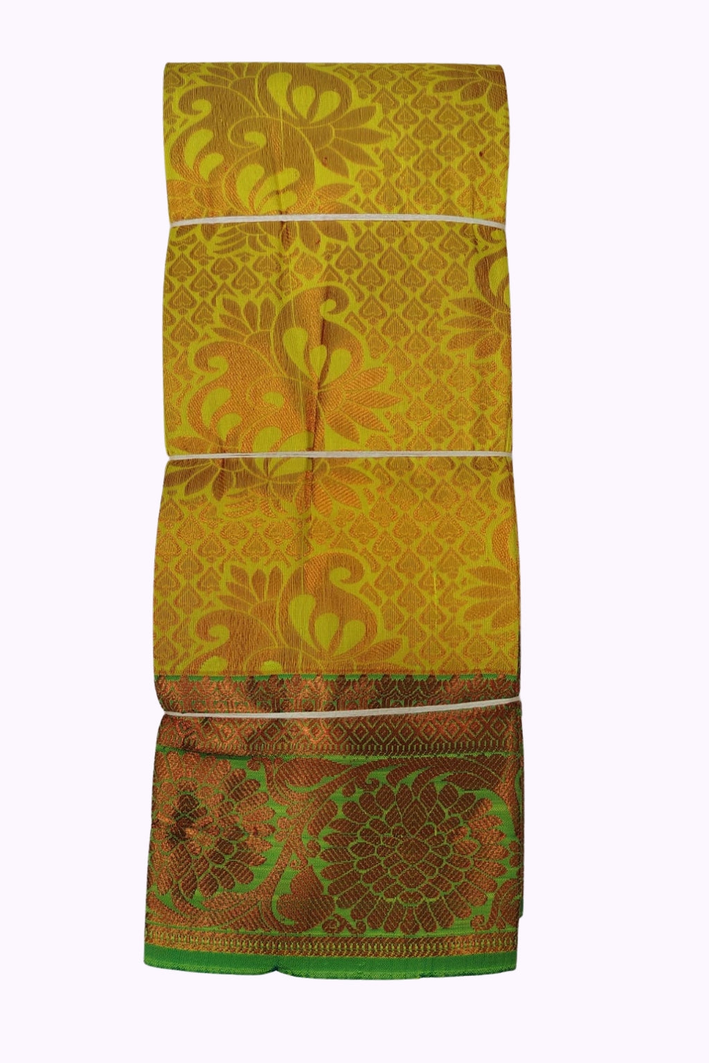 Bright Mustard Yellow Silk Saree with Green & Copper Zari Grand Border