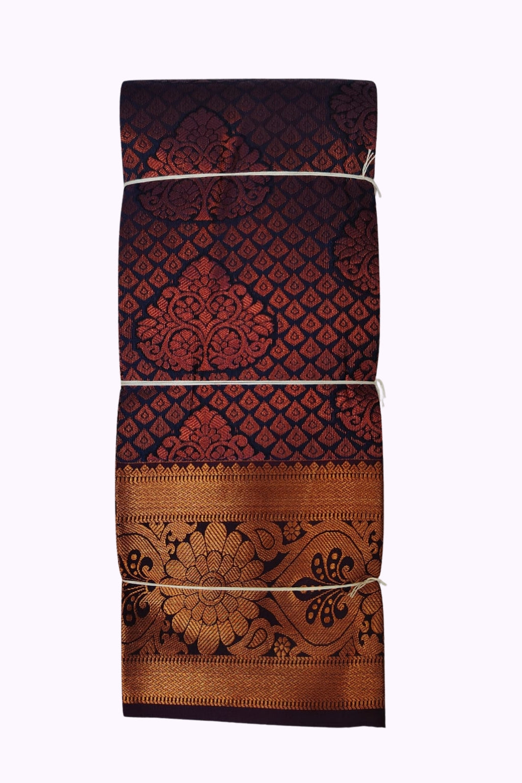 Royal Navy Blue Silk Saree with Copper Zari Floral Weaving & Grand Border