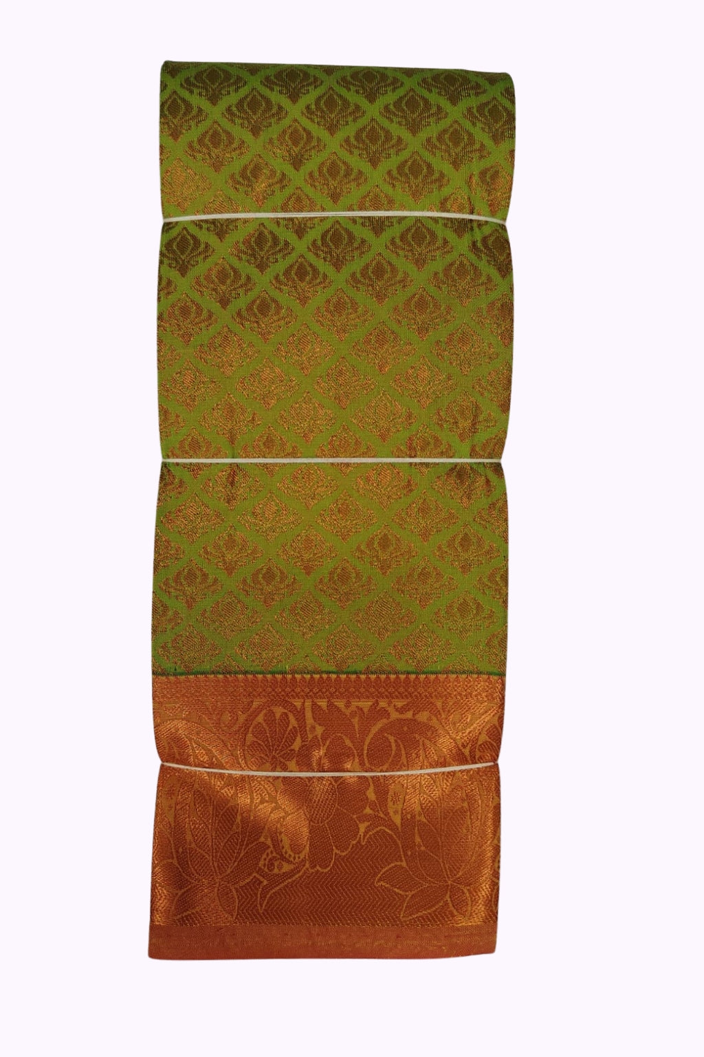 Elegant Parrot Green Silk Saree with Copper Zari Diamond Weave & Rich Floral Border