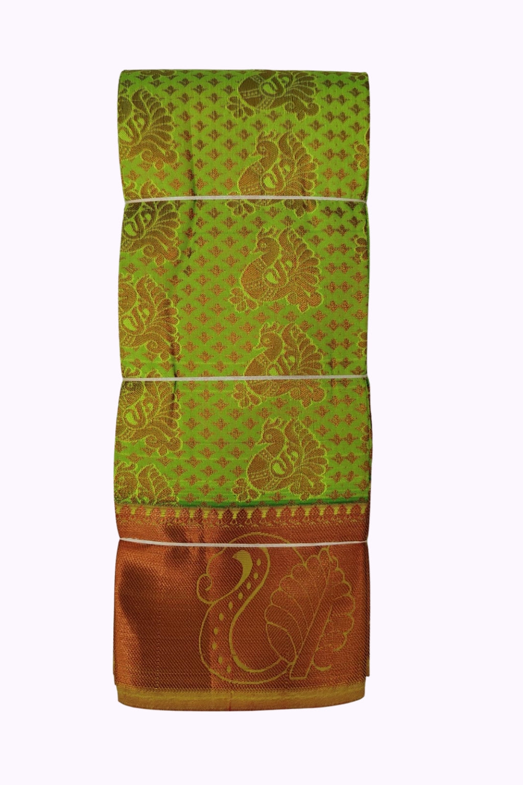 Parrot Green Silk Saree with Peacock Motifs & Copper Gold Zari Border