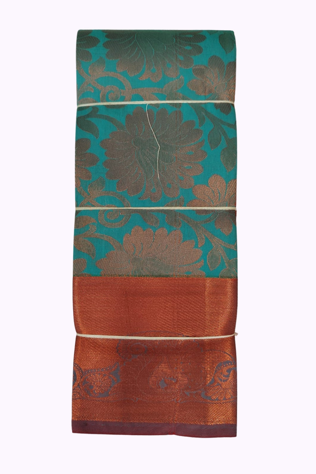 Teal Blue Silk Saree with Antique Copper Floral Zari & Rich Pallu Border