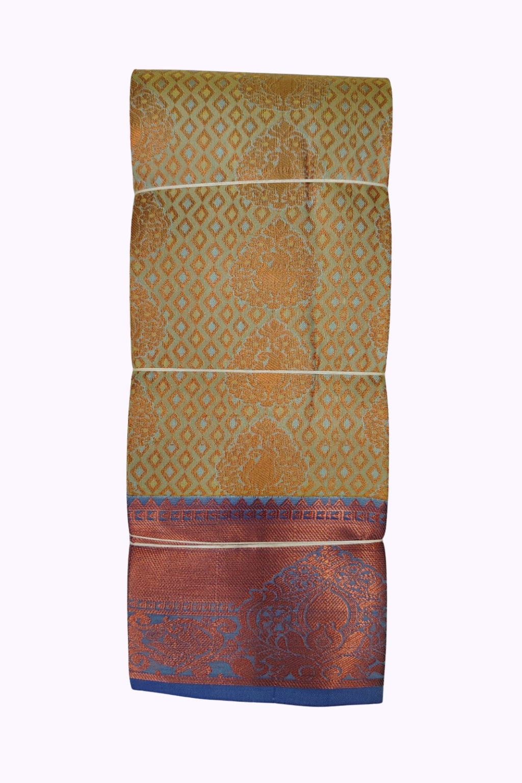 Pastel Mint Silk Saree with Copper Zari Weaving & Royal Blue Contrast Border