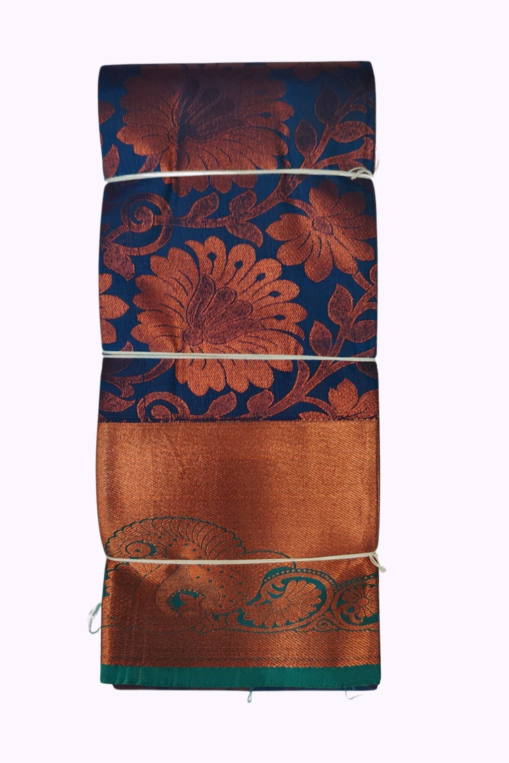 Royal Blue Silk Saree with Copper Zari Floral Weaving & Green Contrast Border