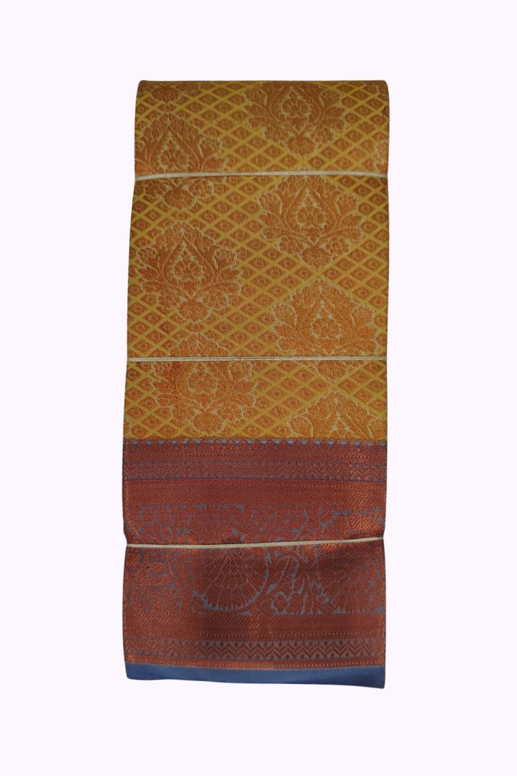 Mustard Gold Silk Saree with Copper Zari Weaving & Blue Contrast Border