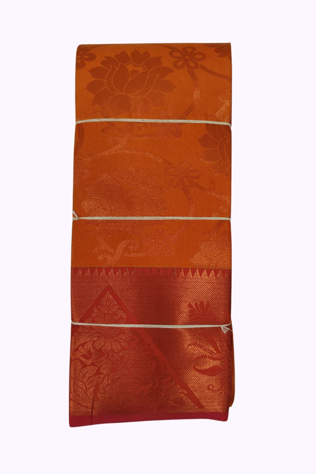 Bright Orange Silk Saree with Self Floral Weaving & Rich Red Zari Pallu