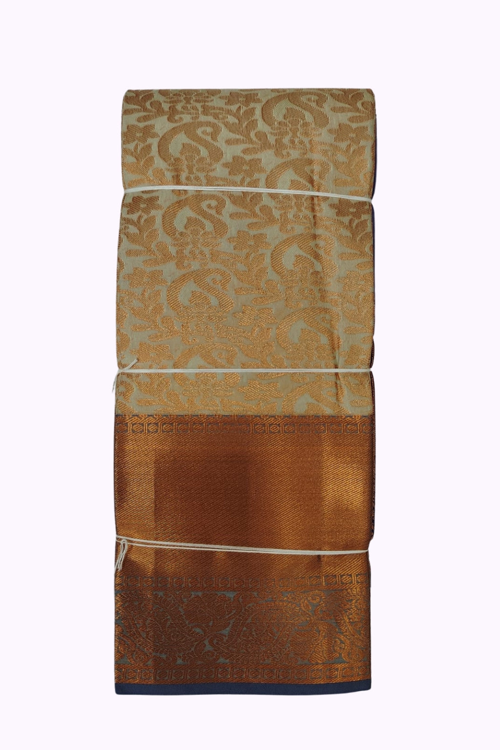 Elegant Beige Silk Saree with All-Over Floral Weaving & Copper Zari Pallu