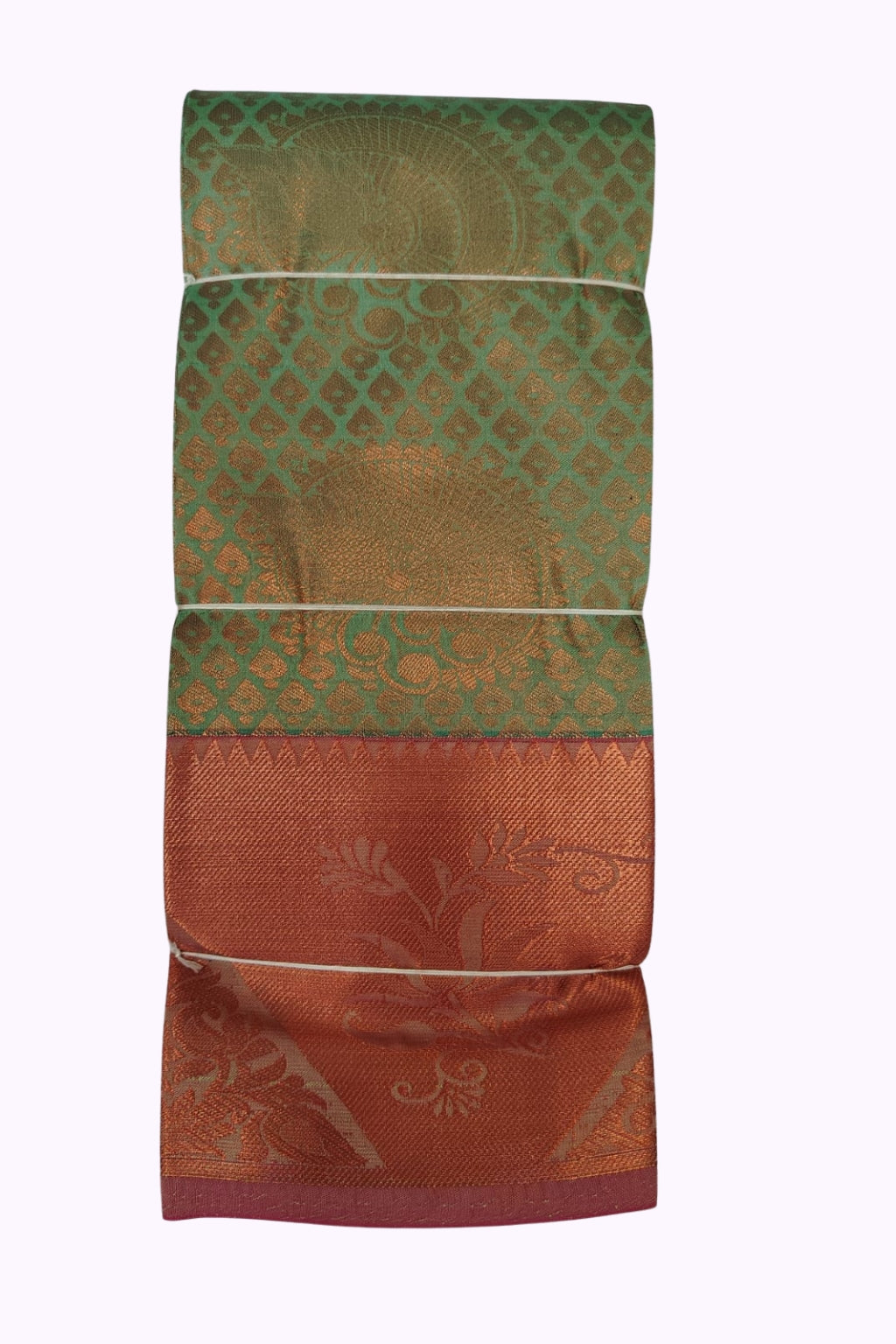 Elegant Sage Green Silk Saree with Gold Butta Weaving & Rich Copper Zari Border