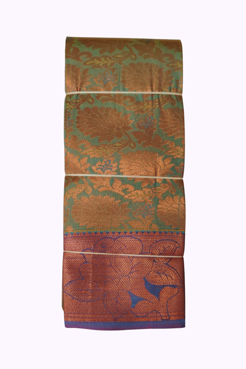 Pista Green Silk Saree with All-Over Floral Zari Weaving & Copper Blue Contrast Border