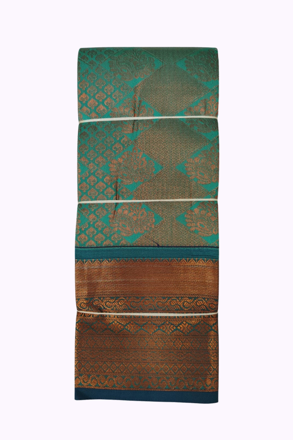 Teal Green Silk Saree with Geometric Zari Weaving & Grand Copper Contrast Border