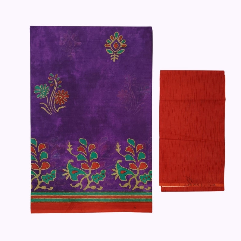 Royal Purple Printed Saree with Folk Floral Border & Contrast Red Blouse Piece