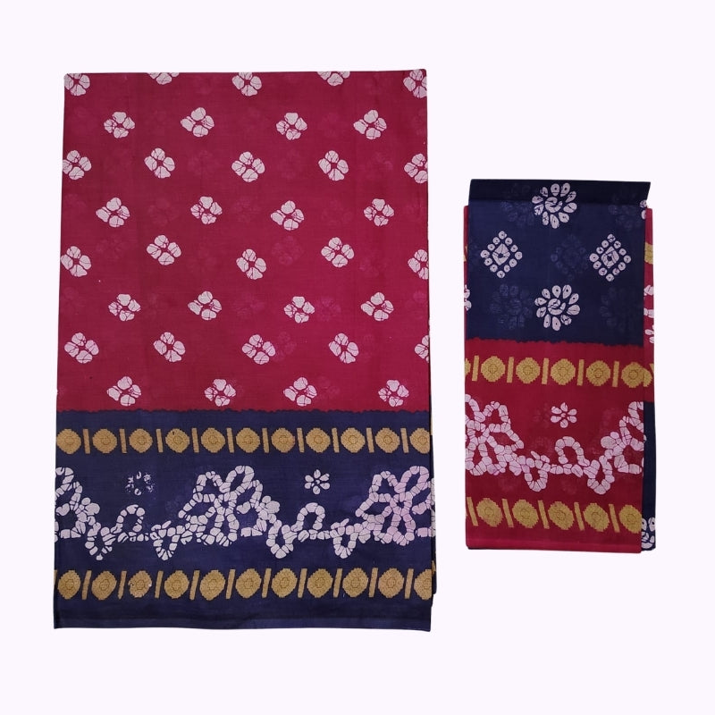 Deep Pink Printed Saree with Navy Blue Border & Contrast Blouse Piece