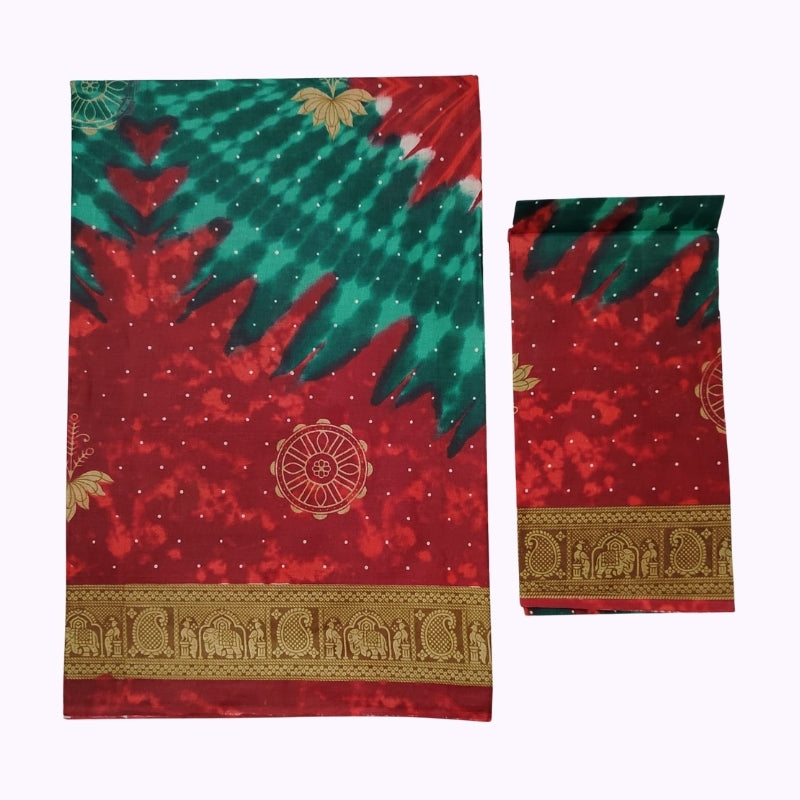 Red & Bottle Green Printed Saree with Traditional Gold Border and Contrast Blouse Piece