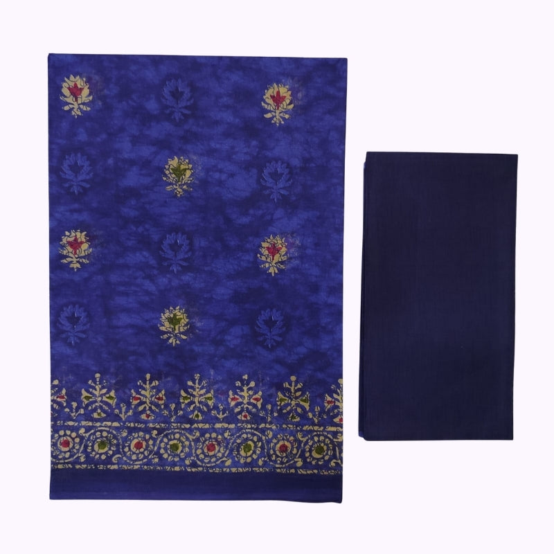 Royal Blue Printed Saree with Traditional Floral Border &j and Matching Blouse Piece