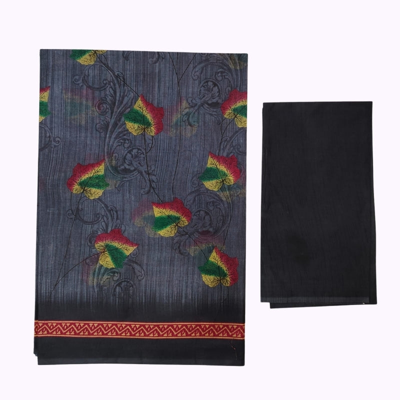 Navy Blue Multicolor Leaf Printed Unstitched Cotton Salwar Suit Material with Bottom