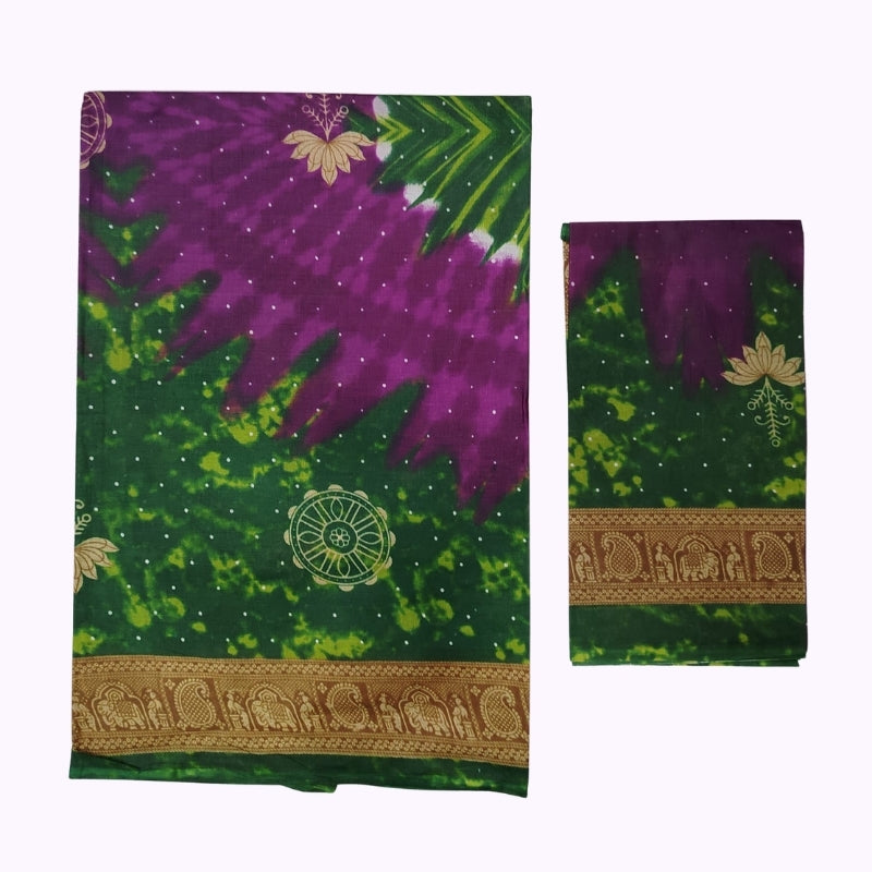 Purple & Green Artistic Printed Saree with Traditional Gold Border and Matching Blouse Piece