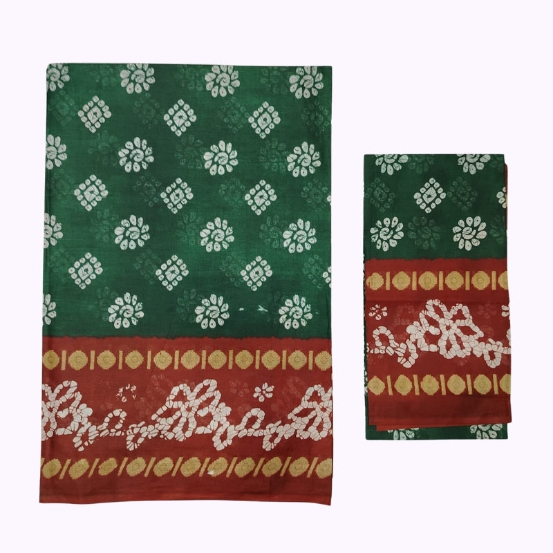 Green & Red Traditional Printed Saree with Ethnic Border and Matching Blouse Piece