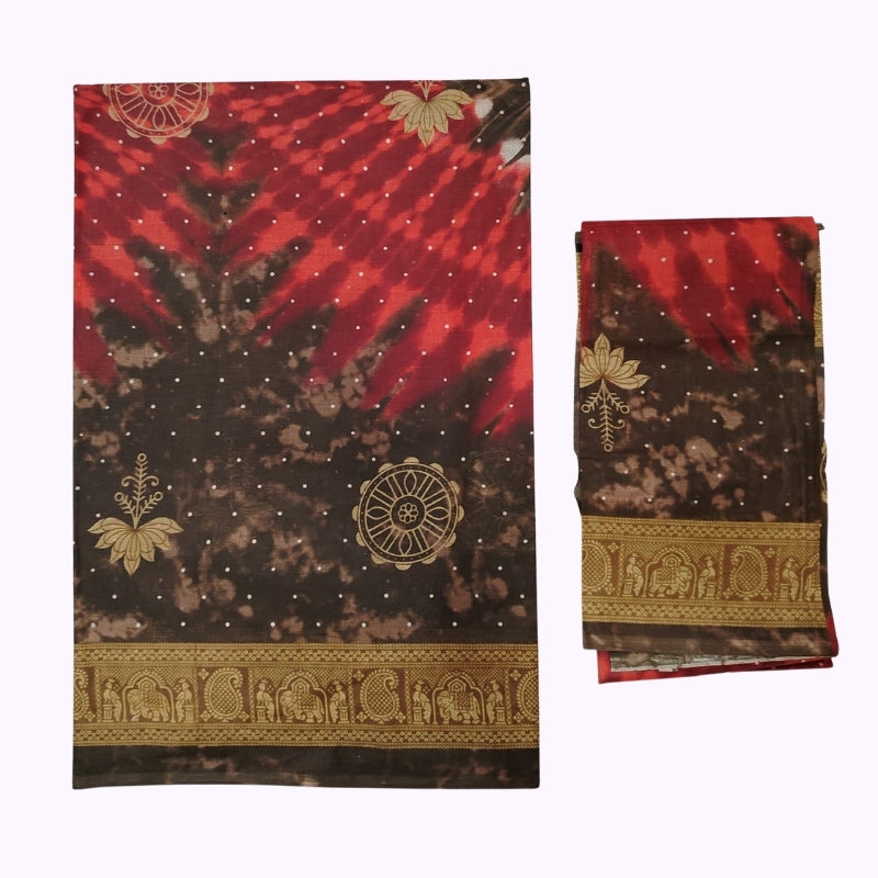 Red & Brown Tie-Dye Printed Saree with Traditional Gold Ethnic Border and Matching Blouse Piece