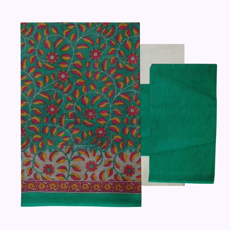 Green Floral Vine Printed Saree with Contrast Border & Matching Blouse Piece