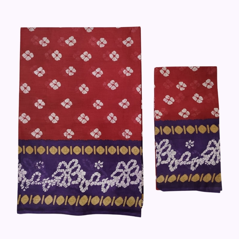 Red & Purple Traditional Printed Saree with Ethnic Border & Matching Blouse Piece