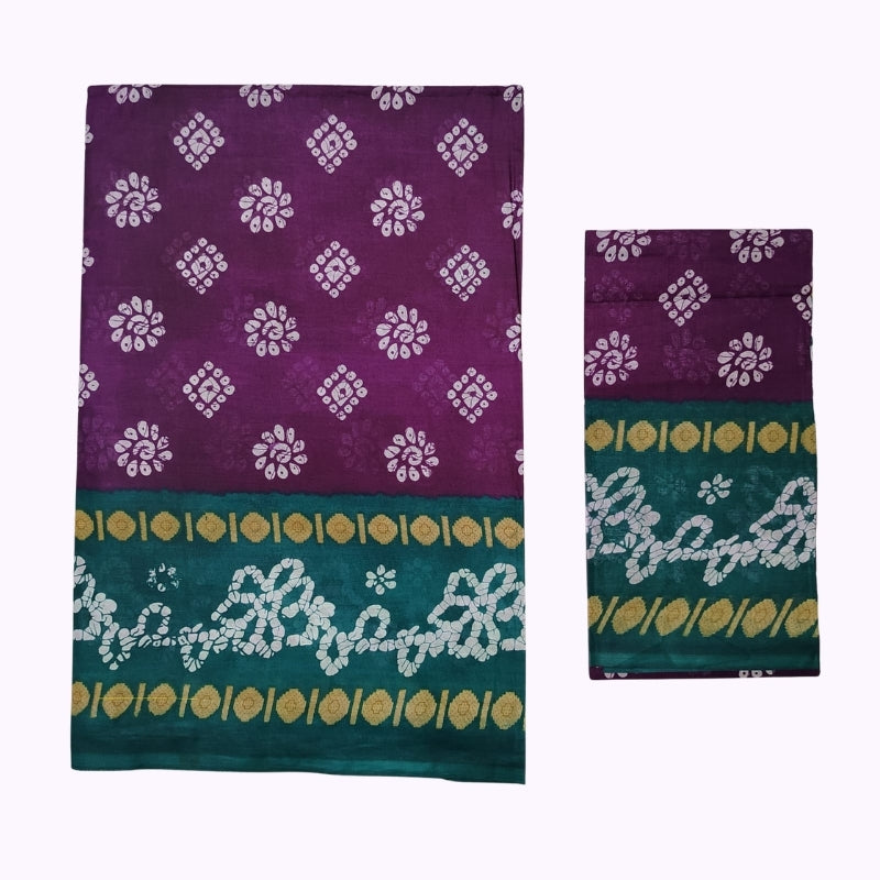 Royal Purple & Teal Green Printed Saree with Ethnic Border and Matching Blouse Piece