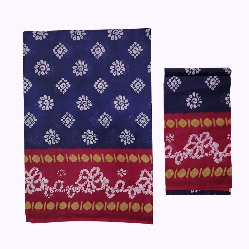Elegant Navy Blue & Red Printed Saree with Traditional Border and Matching Blouse Piece