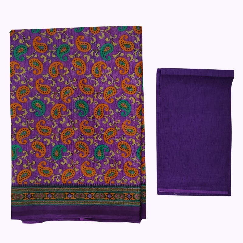 Vibrant Purple Paisley Printed Saree with Contrast Border & Matching Blouse Piece