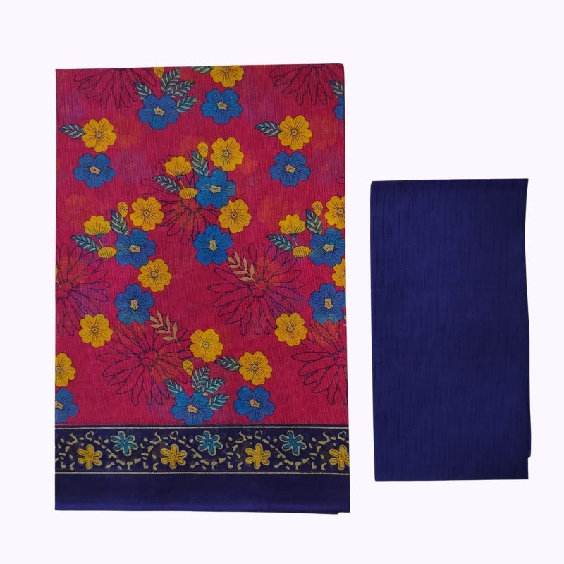Bright Pink Floral Printed Saree with Navy Blue Border & Matching Blouse Piece