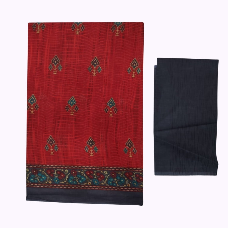 Elegant Red Printed Saree with Navy Blue Floral Border & Matching Blouse Piece