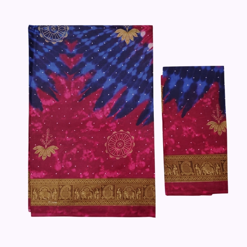 Royal Blue & Magenta Printed Saree with Traditional Gold Elephant Border and Blouse Piece